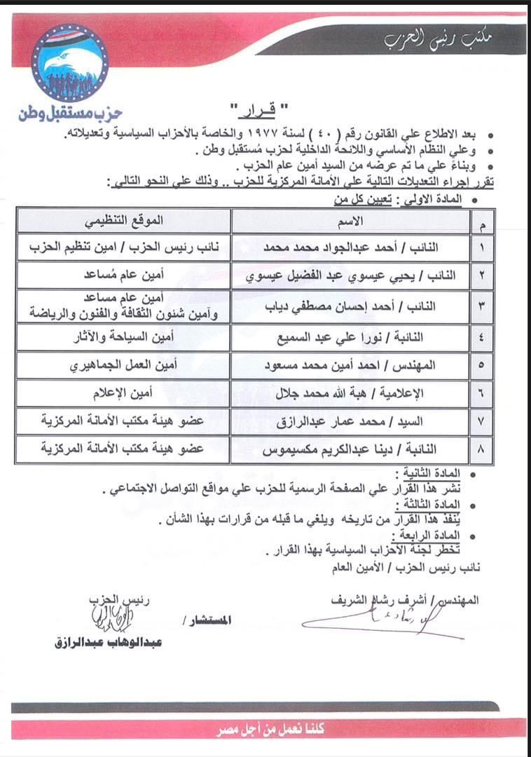 حزب مستقبل وطن يجري تعديلات على تشكيل أمانته المركزية