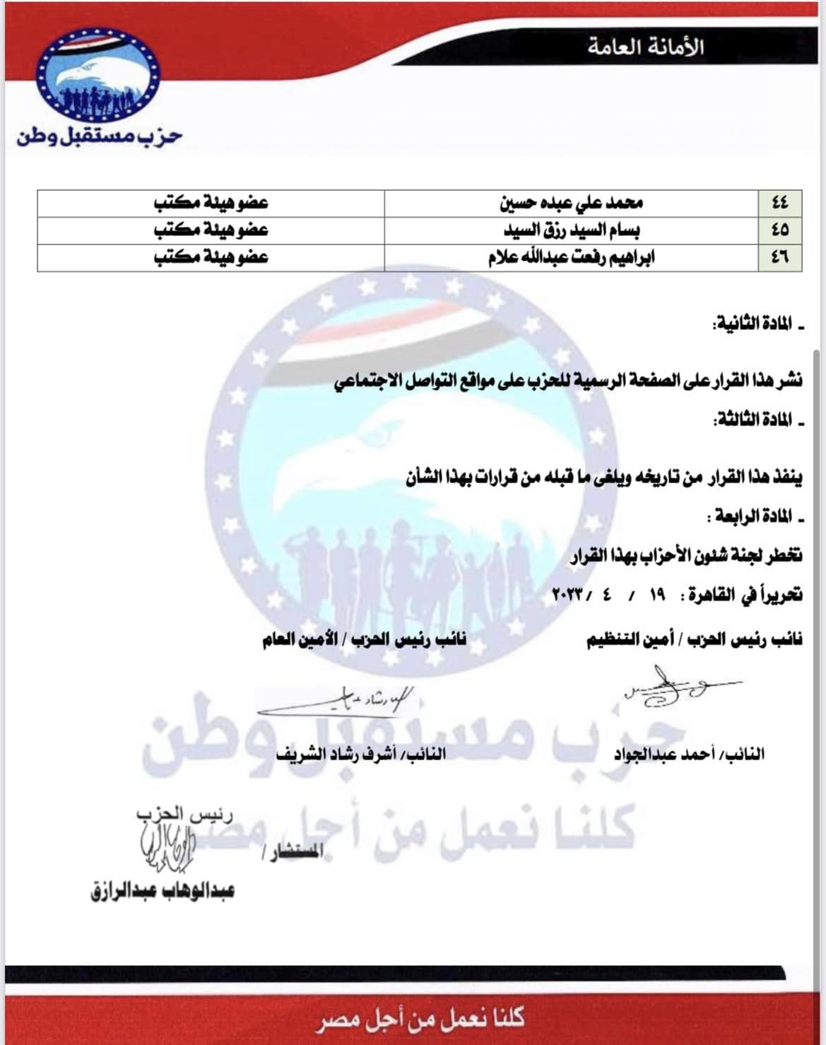 ننشر التشكيلات التنظيمية لهيئة مكتب حزب مستقبل وطن لمحافظة الدقهلية